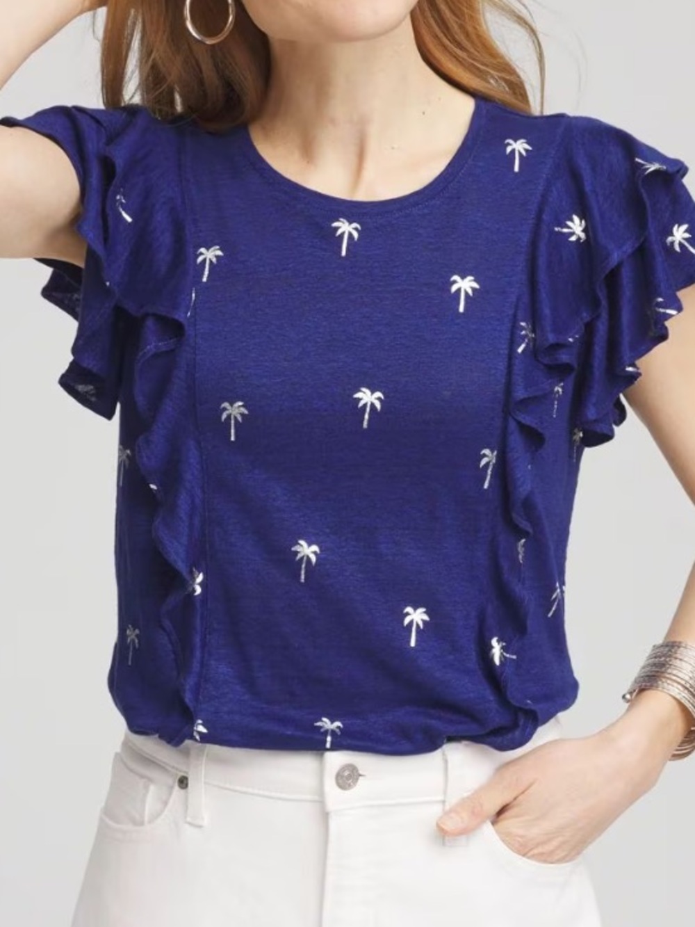Chico’s 100%Linen Foiled Flutter Sleeve Palm Tree Print Top - Blue XXL